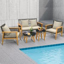 Salon de Jardin 5 Pièces avec Causeuse 2 Chaises&2 Tables Basses Ensemble de Meuble Extérieur en Rotin Cadre en Bois d'Acacia pour Porche Marron