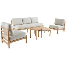 Salon de jardin copacabana 5 places en bois d'acacia. housse beige en lin. un banc. deux fauteuils. deux tables