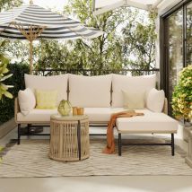 Salon de jardin 4 places - Canapé d'angle de jardin en acier et corde tressée - avec une table basse - Beige