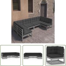 Inlife Salon de jardin 6 pcs avec coussins Gris Bois de pin massif
