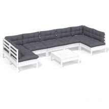 Inlife Salon de jardin 8 pcs avec coussins Blanc Bois de pin massif
