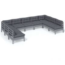 INLIFE Salon de jardin 9 pcs avec coussins Gris Bois de pin solide