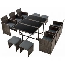 Salon de jardin acier polyrotin marron chiné coussins gris foncé