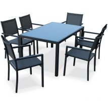 Sweeek - Salon de jardin Capua en aluminium table 150cm. 6 fauteuils en textylène Anthracite / Gris