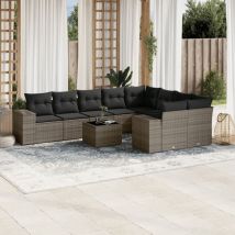 Salon de jardin avec coussins 10 pcs gris résine tressée