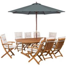 Ensemble Extérieur Salle à Manger de Jardin Table Extensible 8 Chaises Pliantes avec Parasol et Coussins Blanc Cassé Maui