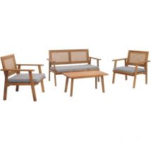 Décoshop26 - Salon de jardin avec table banc et 2 chaises bois et polyrotin coussins gris 040008325