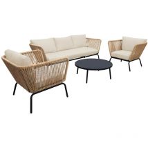 Salon de jardin bas. résine tressée effet corde. coussins beiges 5 places