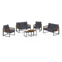 Idmarket - Salon de jardin bas rio 6 places structure métal et cordage effet rotin avec coussin gris