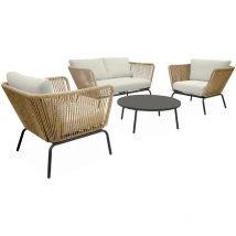 Salon de jardin bas. résine tressée effet corde. coussins beiges 4 places