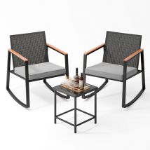 Bealife - Salon de Jardin 2 Places Set de Jardin Acier avec Coussin Table Verre Trempé Accoudoir de Bois Composite pour Patio Jardin Extérieur Gris
