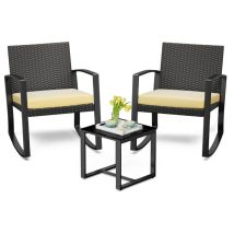 Bealife - Salon de Jardin 2 Places Set de Jardin Acier Fauteuil à Bascule avec Coussin Table Verre Trempé Ensemble de Meuble pour Patio Jardin