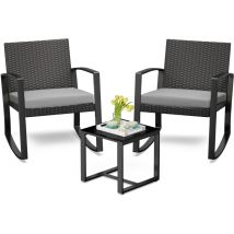 Bealife - Salon de Jardin 2 Places Set de Jardin Acier Fauteuil à Bascule avec Coussin Table Verre Trempé Ensemble de Meuble pour Patio Jardin