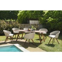 Victoire - salon de jardin en bois acacia 6/8 pers - 1 Table rectangulaire 22090 cm et 6 fauteuils en rotin synthétique