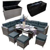 Salon de jardin & coffre en rotin gris, Ensemble 9 personnes, Coffre 582L portable avec ouverture assistée, Résistant aux UV & intempéries, Jardin