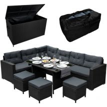 Salon de jardin & coffre en rotin noir, Ensemble 9 personnes, Coffre 582L portable avec ouverture assistée, Résistant aux UV & intempéries, Jardin
