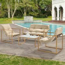 Salon de Jardin Dallas en Acier avec Coussins Imitation Bois Kaki Noir [ Casa.pro