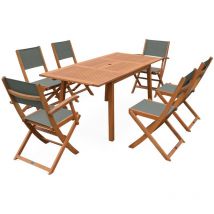 Salon de jardin savane extensible - Almeria - Table 120/180cm avec rallonge. 2 fauteuils et 4 chaises. en bois d'Eucalyptus huilé et textilène kaki