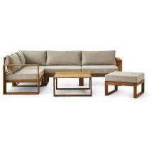 Salon De Jardin En Bois D'Acacia Fsc – Banquette D'Angle Et 2 Tables Basses Modulables – Pour 6 Personnes – Coussins Gris Inclus – Dimensions 