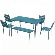 Oviala - Salon de jardin 2 bancs et 4 chaises en acier bleu pacific - Palavas
