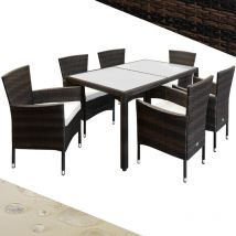 Salon de jardin en polyrotin brun crème Ensemble table et chaises avec coussins Ensemble de jardin 6 personnes