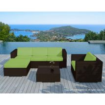 Salon de jardin en résine couleur chocolat + housses de coussin tissu vert copacabana