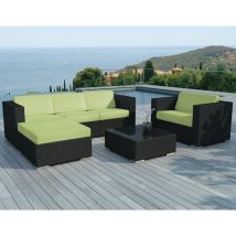 Salon de Jardin en résine noire avec coussins tissu + housses vertes copacabana