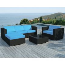 Salon de Jardin en résine noire et coussins housse en tissu bleu copacabana