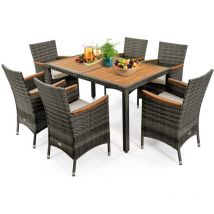 Salon de Jardin en Rotin 7 Pièces Plateau de Table en Acacia avec Chaises Empilables Coussins Amovibles, Chaque Chaise Charge 180KG Gris Maison Chic