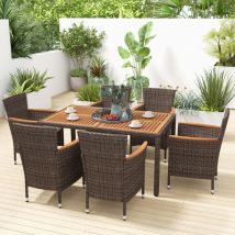 Salon de Jardin en Rotin 7 Pièces Plateau de Table en Acacia avec Chaises Empilables Coussins Amovibles Chaque Chaise Charge 180KG Maison Chic