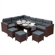 Salon de Jardin Marron en Rotin pour 9 Personnes Ensemble Table & Sièges avec Coussins Ultra Epais & Lavable - Anti-UV - Aménagement Extérieur