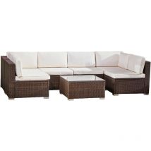 7 pièces grande rotin canapé de jardin avec coussins - Salon de jardin - Table en verre trempé - Marron/Crème - 295.6 x 137.2 x 64 (cm) - Teamson Home