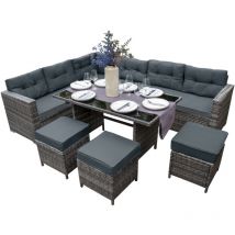 Salon de Jardin Gris en Rotin pour 9 Personnes Ensemble Table & Sièges Coussins Ultra Epais & Lavable- Anti-UV -Aménagement Extérieur Terrasse Patio