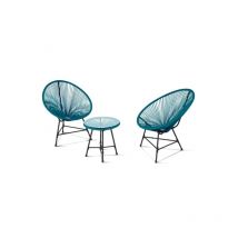Salon de jardin IZMIR table et 2 fauteuils oeuf cordage bleu canard