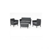 Salon Salemo graphite en re'sine effet polirattan compose' d'un canape' de deux fauteuils avec coussins et d'une table de jardin exte'rieur