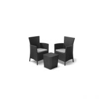 Coin salon balcon Iowa en re'sine effet polirattan deux fauteuils avec coussins et une table basse en graphite pour usage exte'rieur et inte'rieur