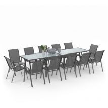 Salon de jardin MADRID table extensible 135-270 CM et 12 chaises empilables gris anthracite