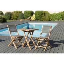 Macabane - harris - salon de jardin en bois teck 2 pers - 1 Table carrée pliante 60 cm et 2 chaises textilène couleur taupe