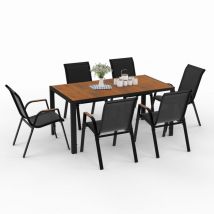 Salon de jardin NOUMEA table 150 cm plateau verre trempé effet bois et 6 chaises empilables noir et bois