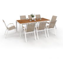 Idmarket - Salon de jardin noumea table 190 cm plateau verre trempé effet bois et 8 chaises empilables blanc et bois