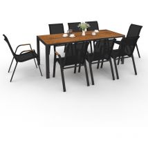 Idmarket - Salon de jardin noumea table 190 cm plateau verre trempé effet bois et 8 chaises empilables noir et bois