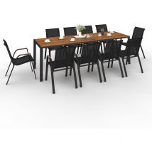 Idmarket - Salon de jardin noumea table 240 cm plateau verre trempé effet bois et 10 chaises empilables noir et bois