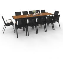 Idmarket - Salon de jardin noumea table extensible 135/270 cm plateau effet bois et 12 chaises empilables noir et bois