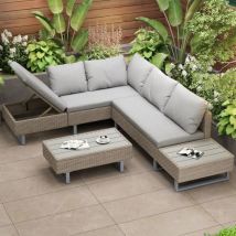 Salon de Jardin pour 4-5 Places - Canapé d'angle+Table & Coussins - Canapé Lounge en Poly Rotin avec Espace de Rangement,Couleur kaki