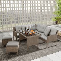 Salon de Jardin pour 7 Places,Table à manger Meubles de Jardin en Poly Rotin,Canapé + Table + Tabouret + Coussins en Tissu,Couleur kaki