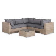 Salon de jardin Premium en résine tressée arrondie – vittoria – 5 places Bois / Gris foncé