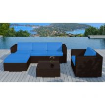 Salon de Jardin résine noire 1 table basse 1 fauteuil 1 canapé d'angle coussins bleus copacabana