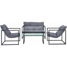 Salon de jardin table basse avec canapé et chaises extérieures en acier avec coussins oléfines et plateau de table en verre noir gris