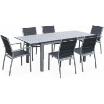 Salon de jardin table extensible - Chicago 210 - Table en aluminium 150/210cm avec rallonge et 6 assises en textilène Gris / Gris foncé