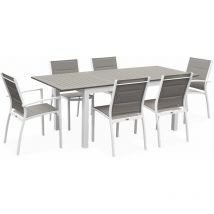 Salon de jardin table extensible - Chicago 210 - Table en aluminium 150/210cm avec rallonge et 6 assises en textilène Blanc / Taupe